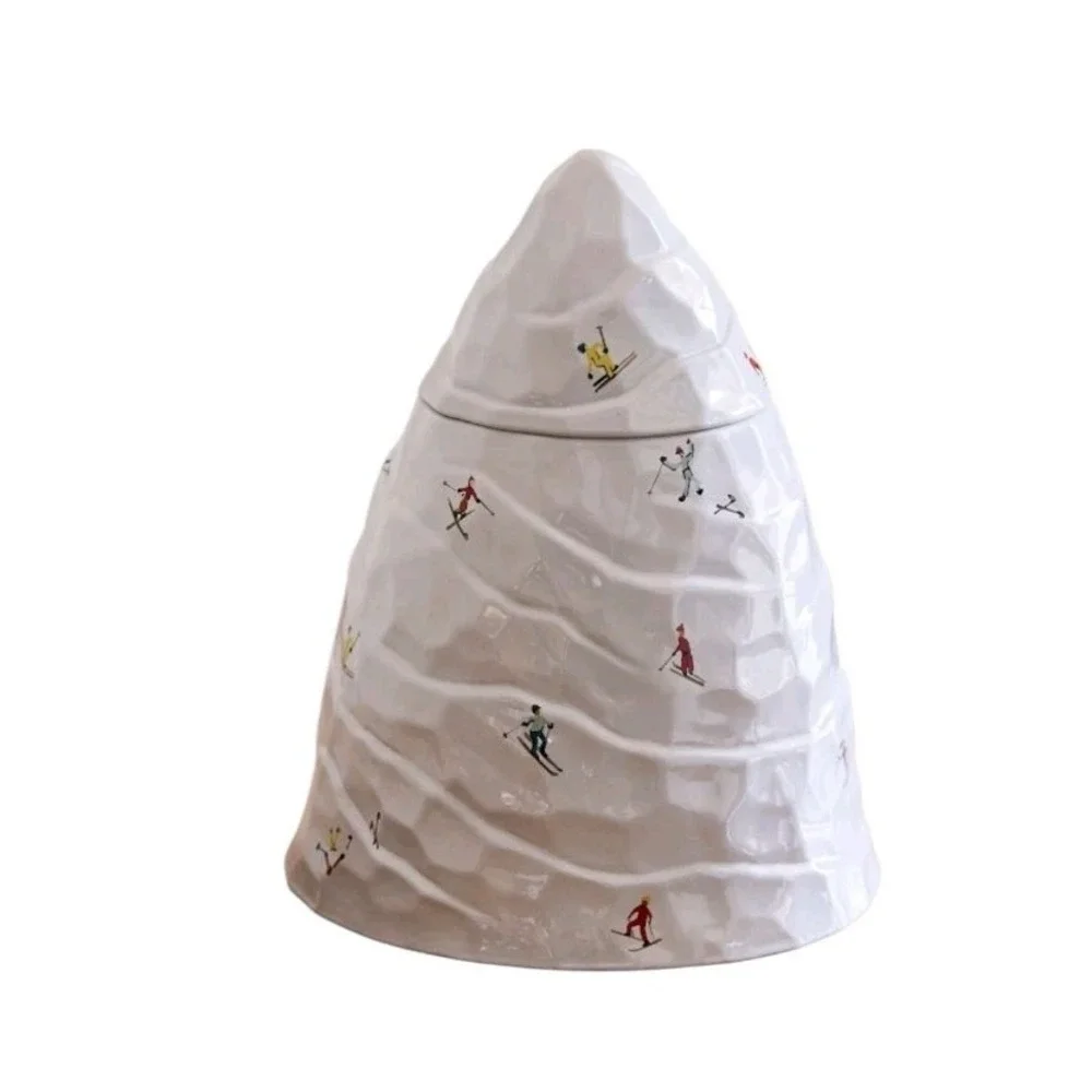 West Elm Alpine Holiday Skiers Stoneware Mountain Large Cookie Jar St Jude Lodge